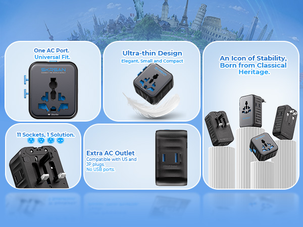 SKRSAN Aura International Travel Adapter, 36mm Ultra-Slim 6-in-1 Universal Wall Charger
