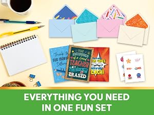 Complete teacher appreciation greeting card set with cards, envelopes, and stickers.