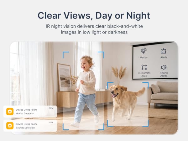 Child and dog in a living room with motion and sound alerts