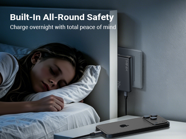 Text reads 'Built-In All-Round Safety Charge overnight with total peace of mind'. Image shows person sleeping in bed with device on nightstand against wall.