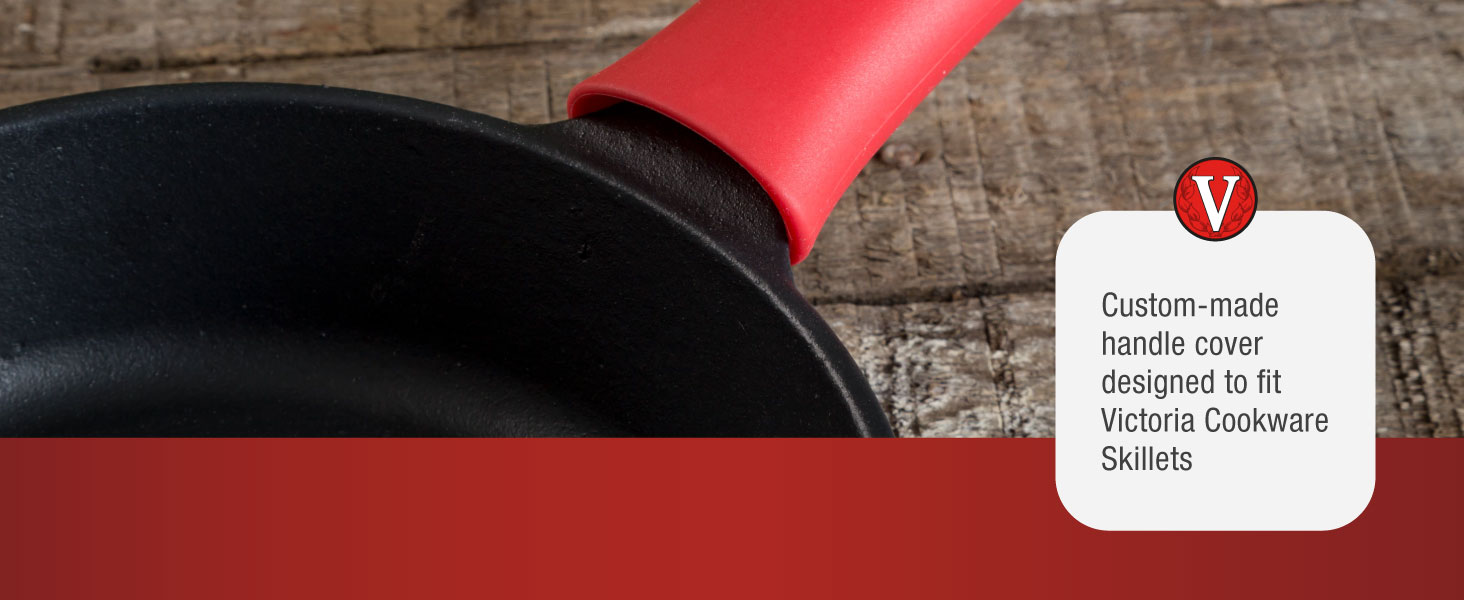A silicone pan-handle sleeve. Text reads: Custom made for Victoria Cookware skillets.
