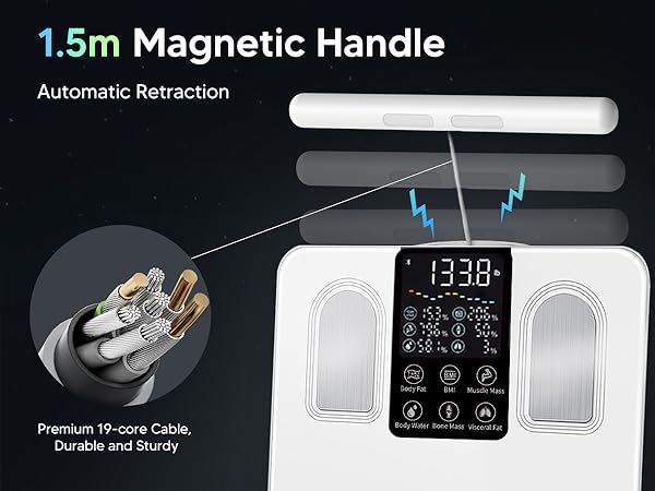 59in/1.5m magnetic retractable handle with durable 19-core cable for easy storage