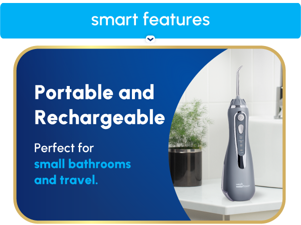 Image of Waterpik Cordless Advanced water flosser with text reading portable & rechargeable.