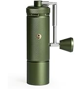 Olive green manual coffee grinder with side crank handle and cylindrical body design.