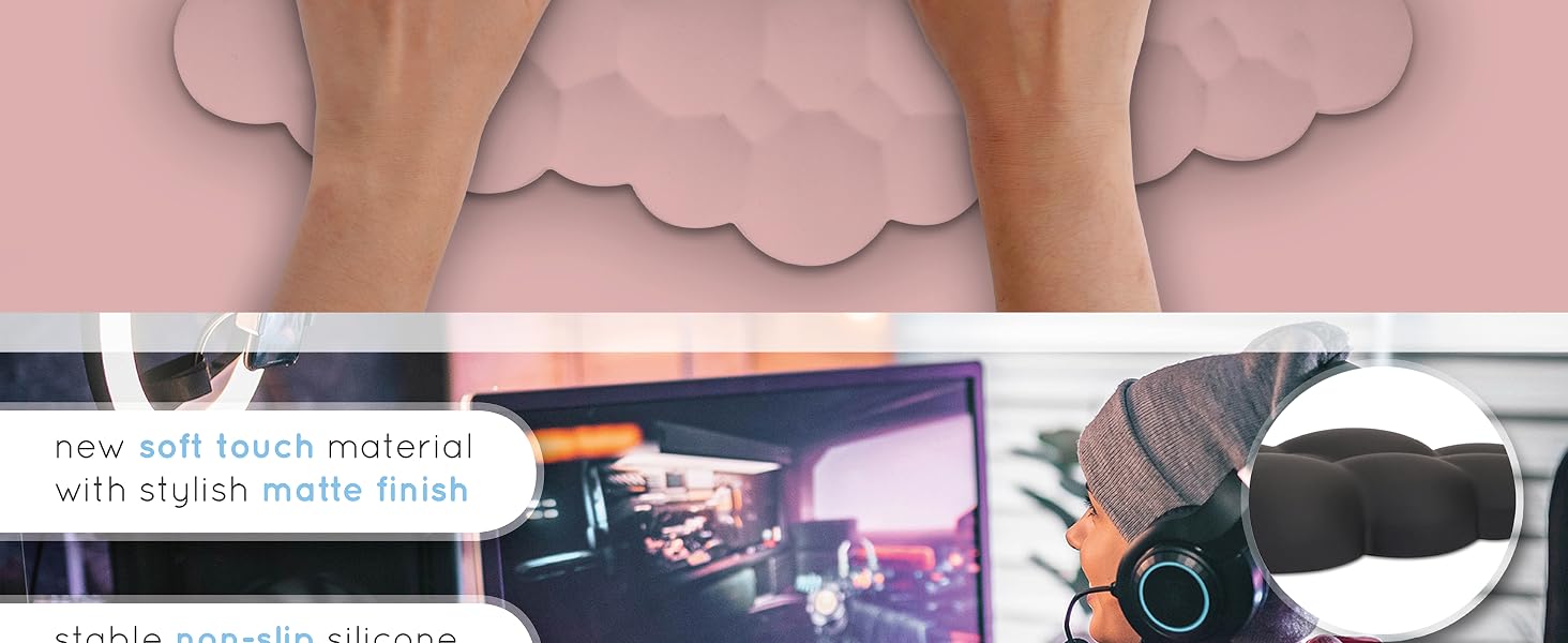 Wrists on a pink cloud wrist rest from the top down with a pink background