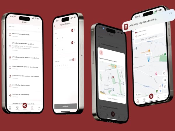 Four smartphone displays showing map and location interface screens with navigation elements against a dark red background.