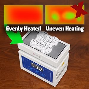 The preheating station’s heating plate shows even heating in the thermal image.