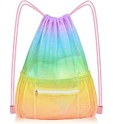 Nidoul Mesh Drawstring Bag with Zipper Pocket, Beach Bag for Swimming Gear Backpack Gym Storage B...
