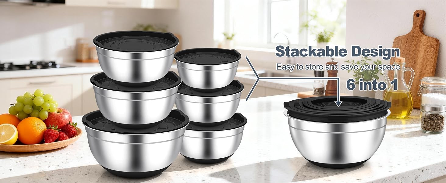 Different-sized stainless steel bowls and plastic lids can nest well for easy storage