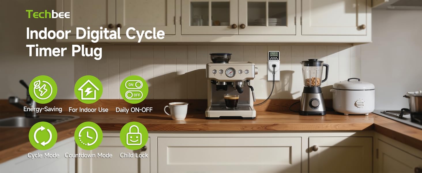 In kitchen, an energy-saving Digital timer with daily ON-OFF, cycle/countdown modes,child lock