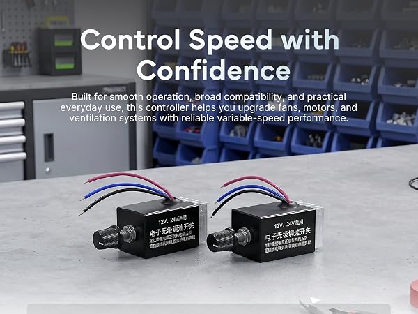 "Control Speed with Confidence" ad showing two Ayetea variable speed controllers on a workbench.