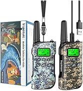 Two camouflage pattern walkie-talkies with LCD displays and USB charging capability. Package shows underwater scene artwork on left side.