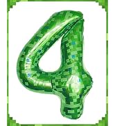 40 Inch Giant Green Pixel Miner Theme Number Foil Balloons, Numbers 4 Available, Large Mining Sty...
