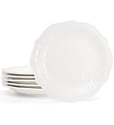 SOUJOY Set of 6 Porcelain Dinner Plate, 10'' Embossed Salad Plates, White Dessert Serving Plates ...