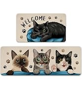 Tailus Welcome Black Cat Kitchen Rugs Set of 2, Tabby Cat Siamese Cat Tuxedo Cat Kitchen Mats Dec...