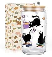 GSPY Black Cat Glass Cup, Funny Gifts for Cat Lovers & Book Lovers - Cute 16 oz Cat Themed Iced C...