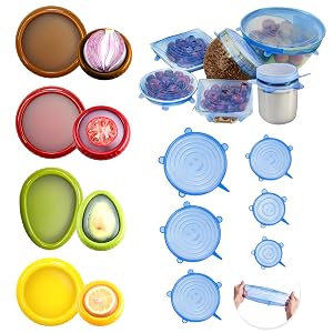 Combo Pack- 4 Anti Oxidation Storage Containers forFruit & Veggie, 6 Silicone Stretch Lids