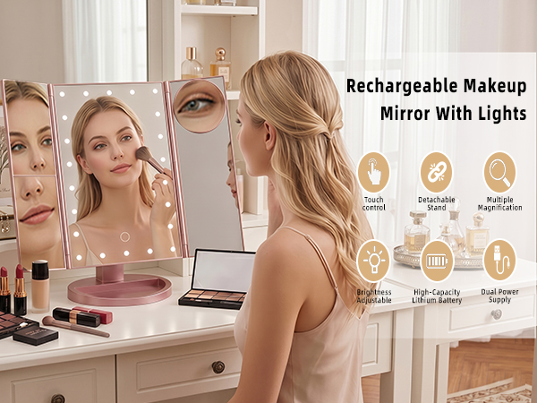 Tri-fold makeup mirror with lights, 2X 3X 10X magnification and touch control.
