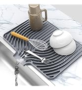 Dish Drying Matt for Kitchen Counter,18"×12"Silicone Dry Rack Mat with Built in Drain, Kitchen Dr...