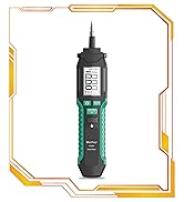 Black and green digital multimeter/electrical testing device with LCD display screen, yellow decorative frame border around product shot.