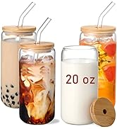 20 OZ Glass Cups with Bamboo Lids and Glass Straw - 4pcs Set Beer Can Shaped Drinking Glasses, Ic...