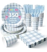 Vyntra Light Blue Gingham 350-Piece Disposable Dinnerware Set for 50, 9" Dinner & 7" Dessert Pape...