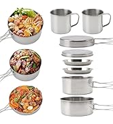Sonhomay Camping Cookware Mess Kit 8PCS Stainless Steel Cooking Pot and Pan Set with Plates Cups ...
