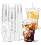 Clawsoff 100 Pack 16 oz Disposable Clear Plastic Cups with Lids and Straws | Cold Drinking Coffee...