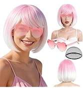 PLULON Pink White Ombre Bob Wig with Bangs for Women Men, Colorful Short Funny Bob Wigs with Hear...
