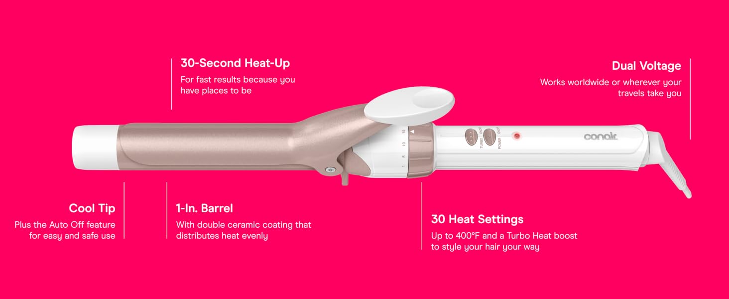 Cool Tip. 1-in. Barrel. 30-Second Heat-Up. 30 Heat Settings. Dual Voltage.