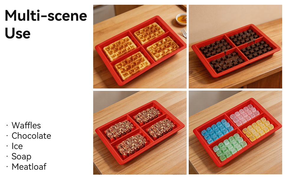 Text reads 'Multi-scene Use' and 'Waffle Chocolate Ice Cream Meatloaf'. Red silicone molds with multiple square compartments shown in four variations with different colored inserts and contents.