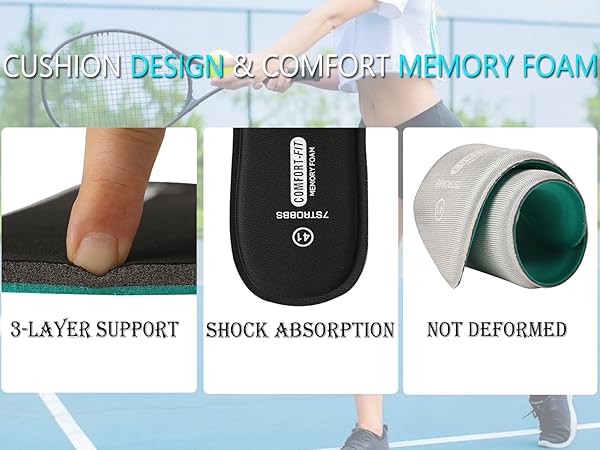 Memory foam insoles with 3-layer support, shock absorption, and non-deforming properties, demonstrated with finger press test.