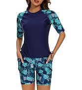Tournesol Women's Two Piece Rash Guard Short Sleeve Swim Shirts UPF 50+ Built in Bra Swimsuit wit...