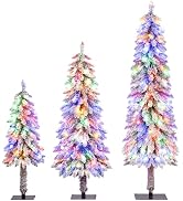 Goplus 3' 4' 5' Pre-Lit Snow Flocked Christmas Tree Set of 3, Slim Pencil Artificial Xmas Trees w...