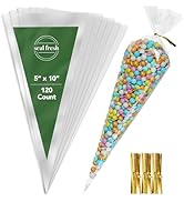 Seal Fresh Cone Cellophane Bags with Twist Ties - 5" x 10" (120 Count) - Clear Cone Shaped Treat ...