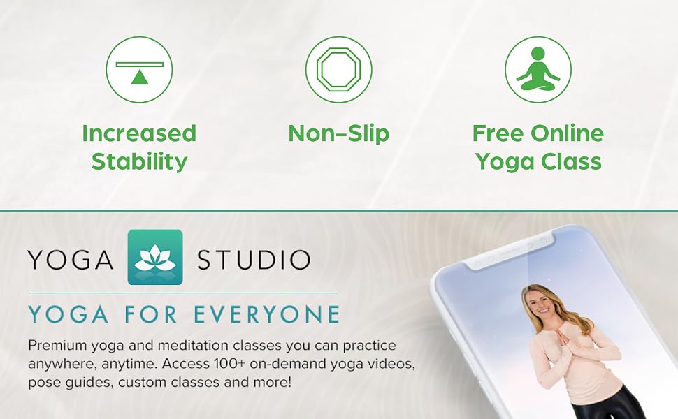 Icons showing increased stability non slip surface and free online yoga class for Gaiam knee pads