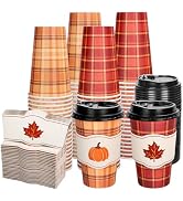 Whaline 50 Pcs Fall Thanksgiving Buffalo Plaid Disposable Coffee Cup with Lids and Sleeves Rustic...