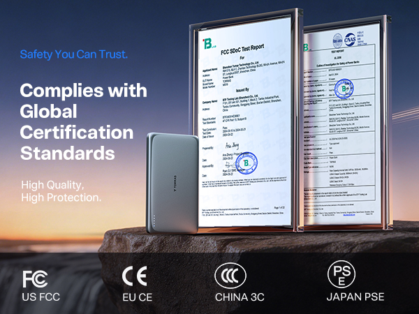 Flight Approved Power Bank, TSA Compliant, FCC Certified, Global Safety Standards, Reliable Power.