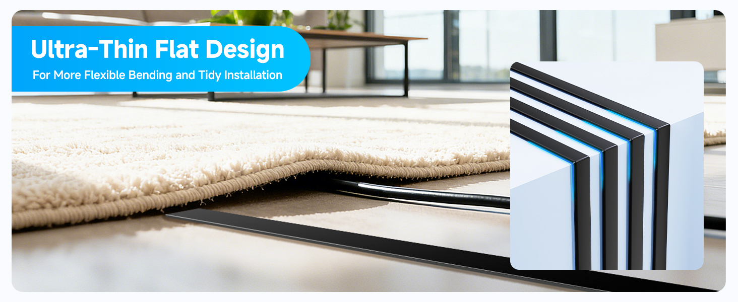 Text reads 'Ultra-Thin Flat Design'. Split image showing layered material cross-section and a thin white panel against floor surface.