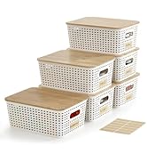 Bagnizer Small Plastic Storage Bins with Bamboo Lids 5.2qt Stackable Box Basket Pantry Decorative...