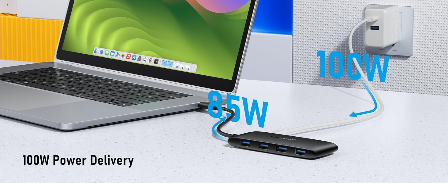 Text reads '100W Power Delivery' with blue '3W' icons. Multiple laptop devices shown with charging indicator graphics.