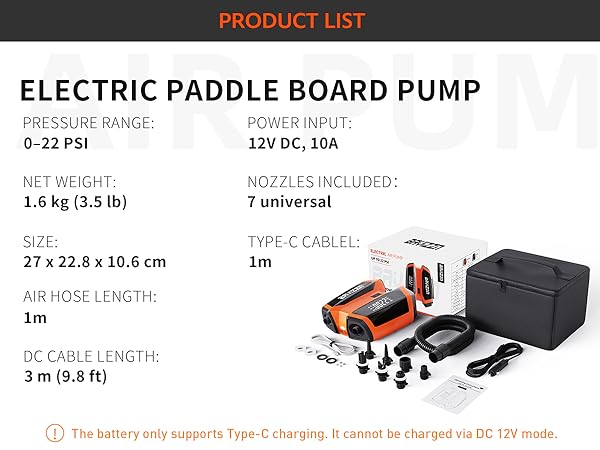 Text reads 'PRODUCT LIST' and 'ELECTRIC PADDLE BOARD PUMP' with specifications: PSI/cubic meters, 8-22 PSI, 12V DC 10A, 7 universal, 1.6 kg (3.5 lbs), 177.2 x 9.4 x 15 cm, 1m cable length, 3 m (9.8 ft). Image shows black and orange pump with accessories.