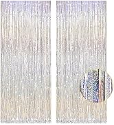 2 Pack 3.2ft x 8.2ft Silver Metallic Tinsel Foil Fringe Curtains, Door Streamer Photo Booth Backd...
