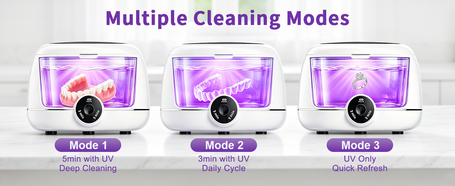 Mouthguard jewelry cleaner with 3 & 5 min modes. Run consecutive cycles for heavy buildup.