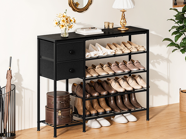 5-Tier Shoe Rack with 2 Fabric Drawers, Metal Frame and Wooden Board Shoe Organizer for 16-20 Pairs