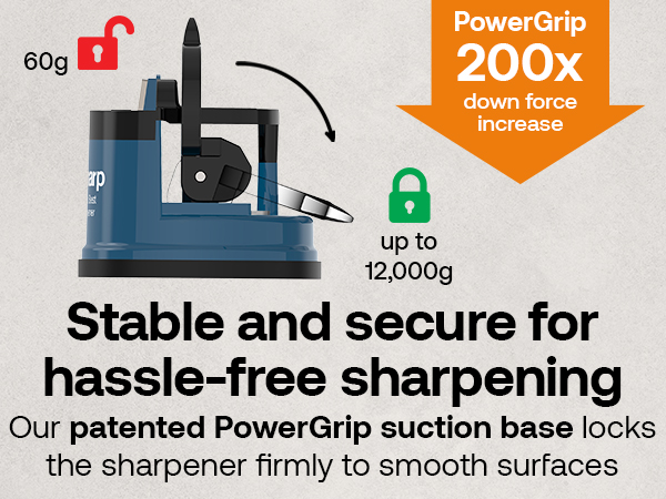 Our patented PowerGrip suction base locks the sharpener firmly to smooth surfaces