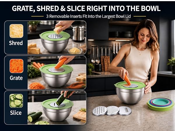 grater inserts; grate; shred; slice; largest bowl lid; kitchen prep; Xyingshine picture part of AI