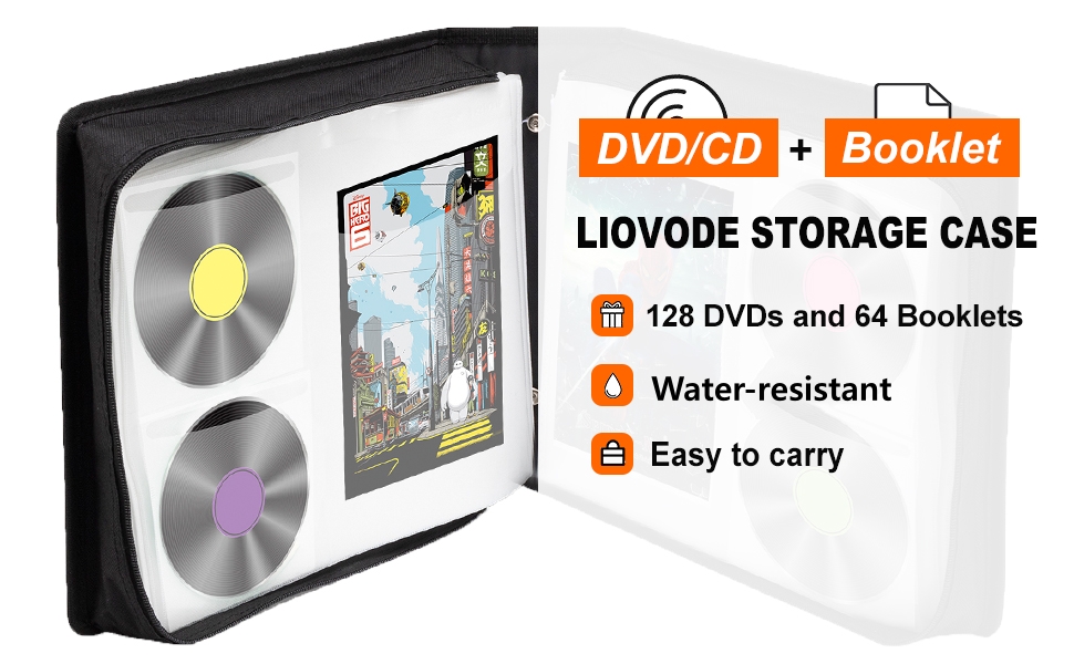 LIOVODE CD storage case holds 128 dvds/cds and 64 booklets