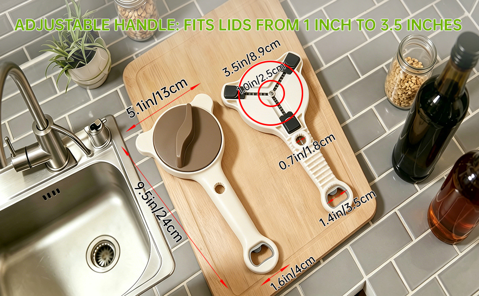 ADJUSTABLE HANDLE: FITS LIDS FROM 1 INCH TO 3.5 INCHES