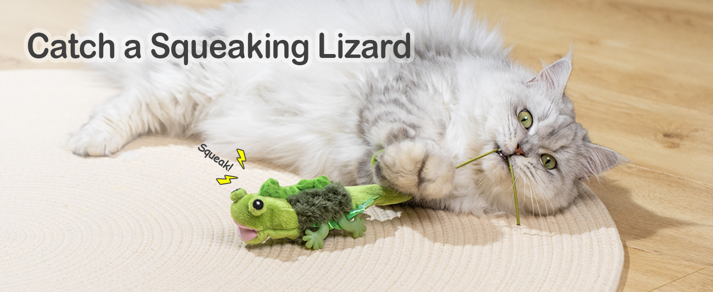 Text reads 'Catch a Squeaking Lizard'. Images showing small green lizard on wooden flooring in various positions.